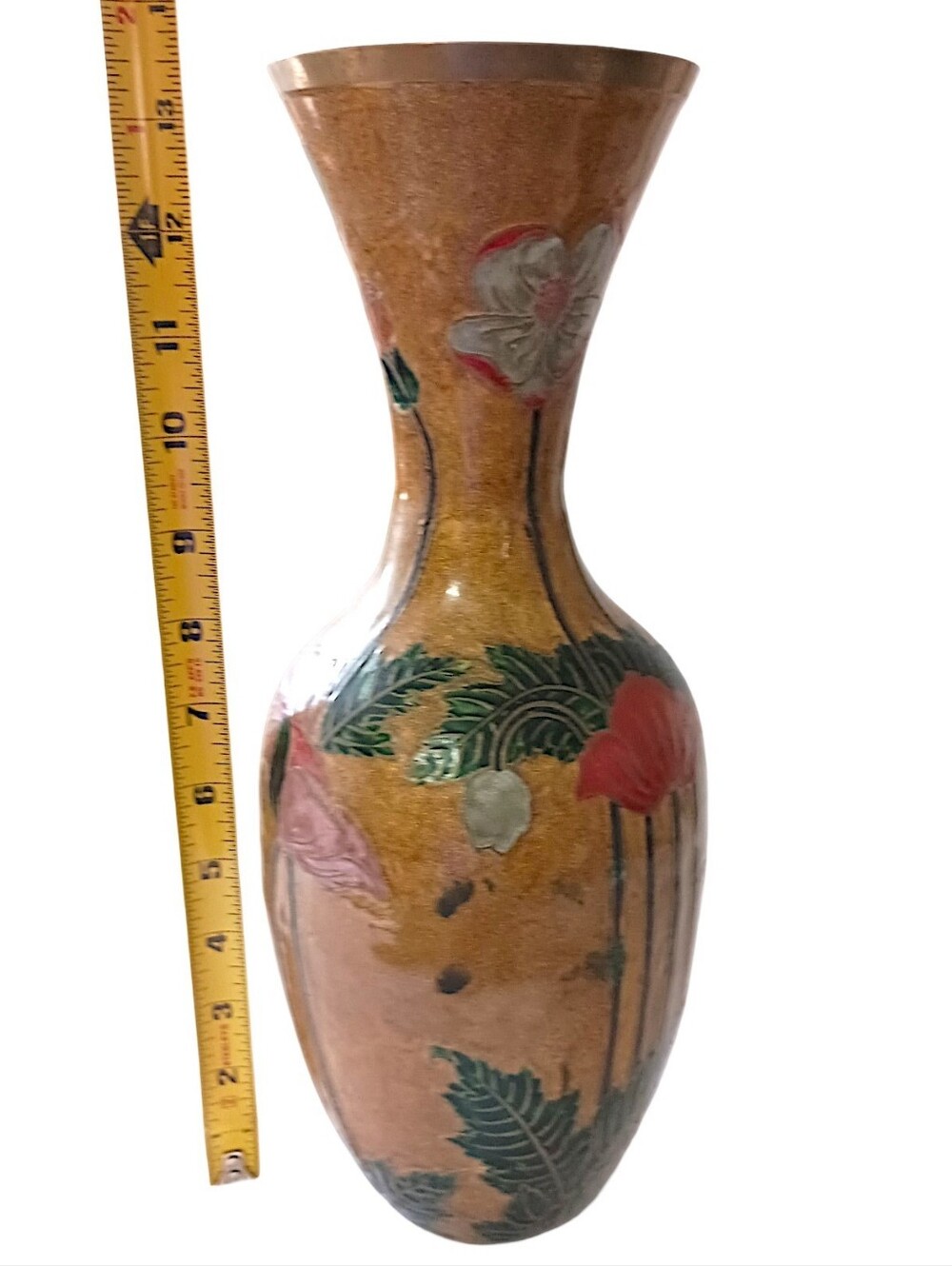 Vintage Enameled Brass Vase LARGE Cloisonne Champleve Ornate Etched Floral READ - Picture 2 of 16